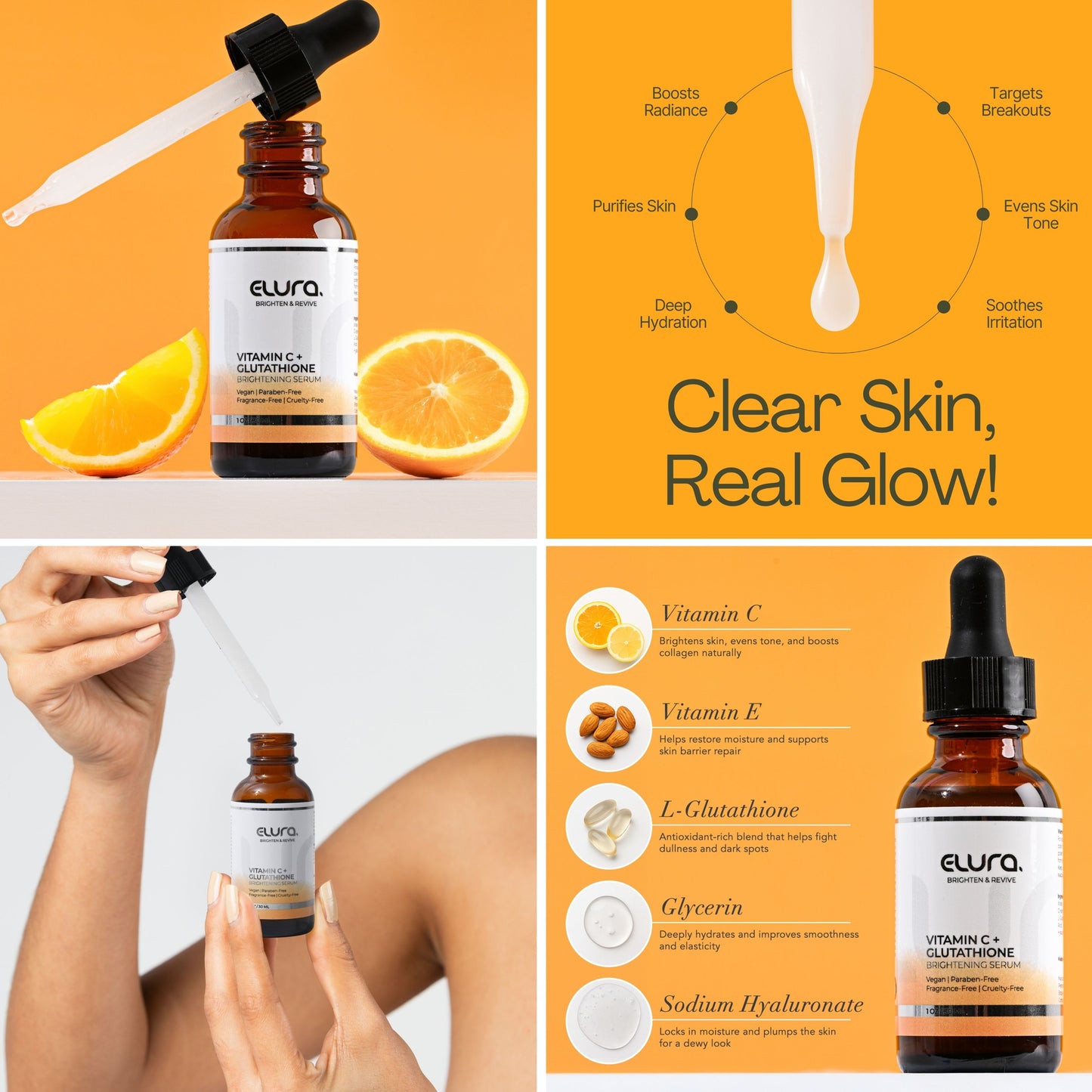 ELURA Vitamin C + Glutathione Face Serum – Brightening & Anti-Aging with Hyaluronic Acid, Vitamin E – Hydrating Antioxidant for Glowing, Even-Toned Skin – Made in USA, 1 fl oz