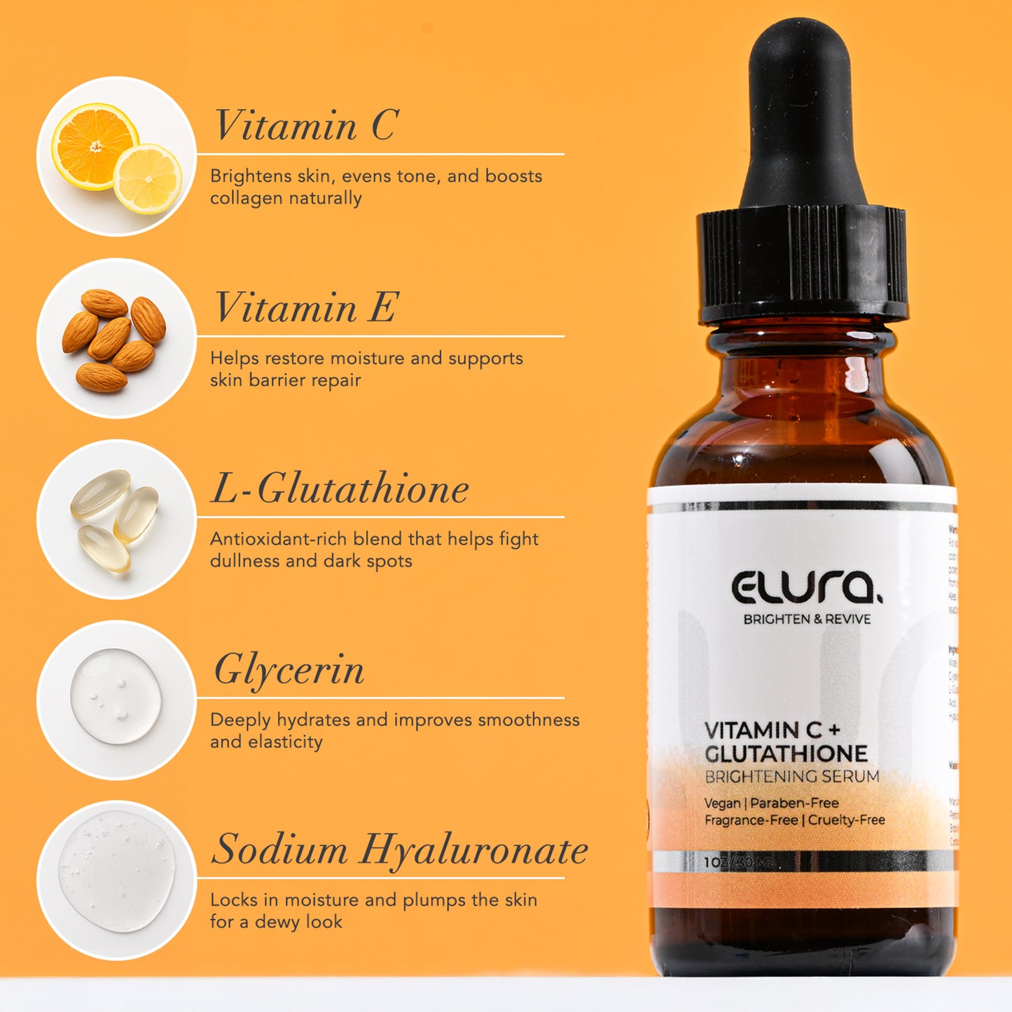 ELURA Vitamin C + Glutathione Face Serum – Brightening & Anti-Aging with Hyaluronic Acid, Vitamin E – Hydrating Antioxidant for Glowing, Even-Toned Skin – Made in USA, 1 fl oz